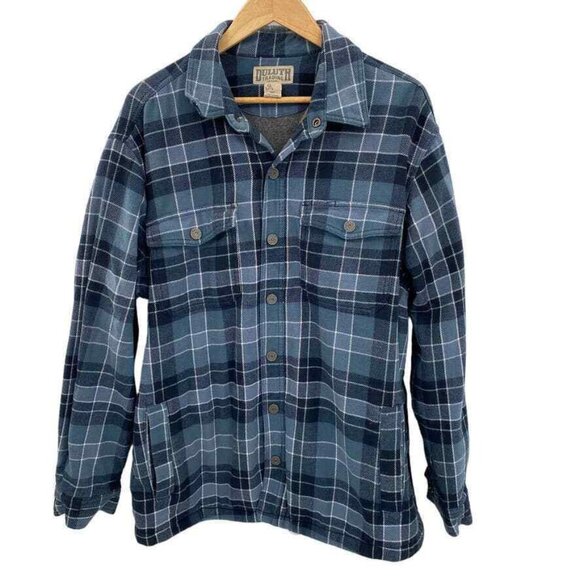 Duluth Trading Co Shacket Jacket Mens Large Blue White Plaid Cotton Snap Front - Picture 1 of 7